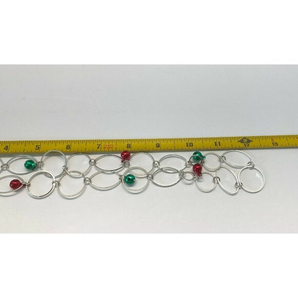 Christmas Jingle Bell Necklace Silver Tone Chain with Red Green Accents Holiday - Picture 3 of 6
